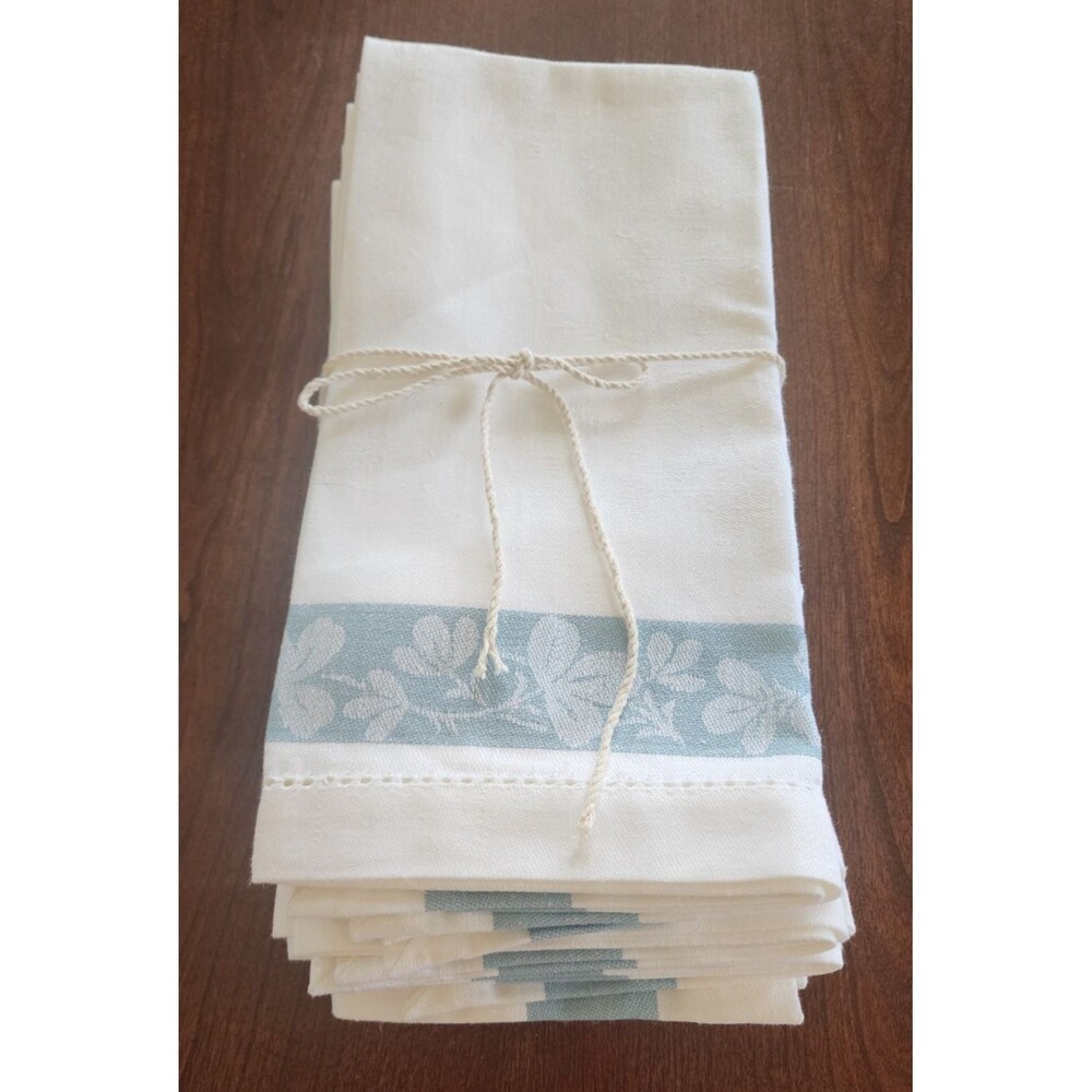 Williams Sonoma Jacquard Blue Aqua White Napkins Cotton Linen Blend Set of 7 NEW